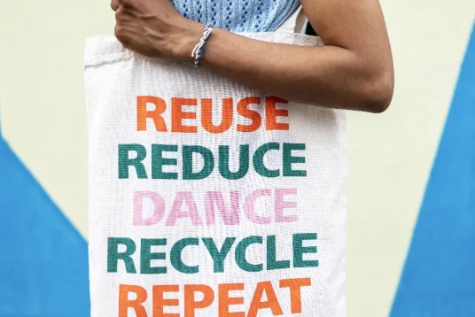 A shopping bag with reuse reduce dance recycle repeat written on it