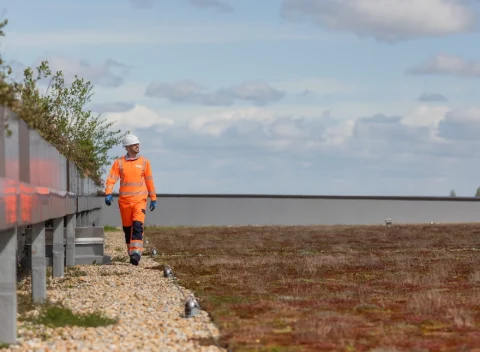 Person walking along a sea wall in high vis