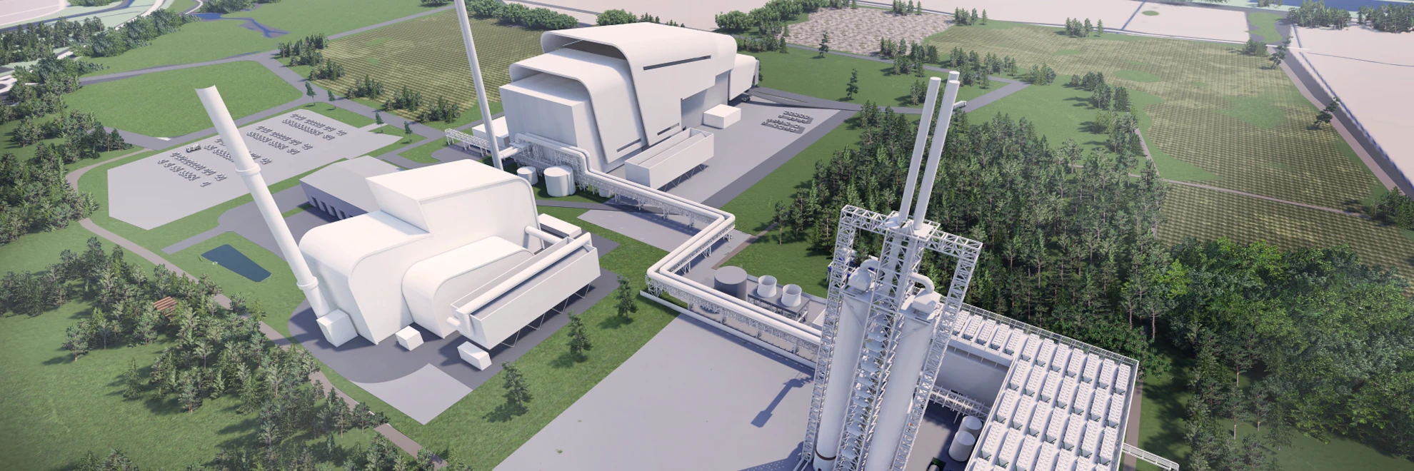 CGI rendering of Protos carbon capture and energy recovery facility with integrated pipelines and storage infrastructure